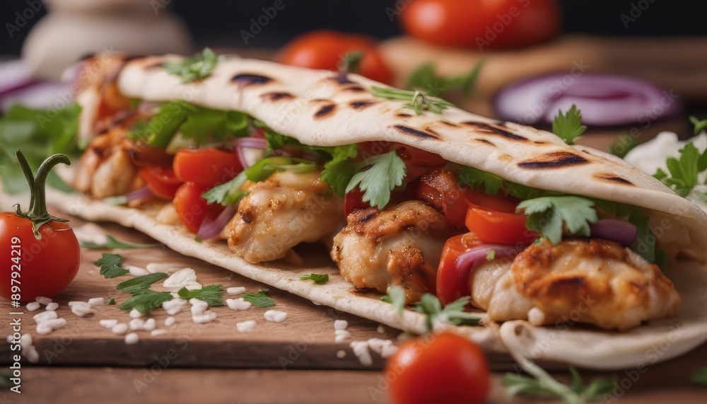 front view chicken lula kebab on pita bread with tomato and grilled pepper with onions and herbs front view chicken lula kebab on pita bread with tomato and grilled pepper with onions and herbs