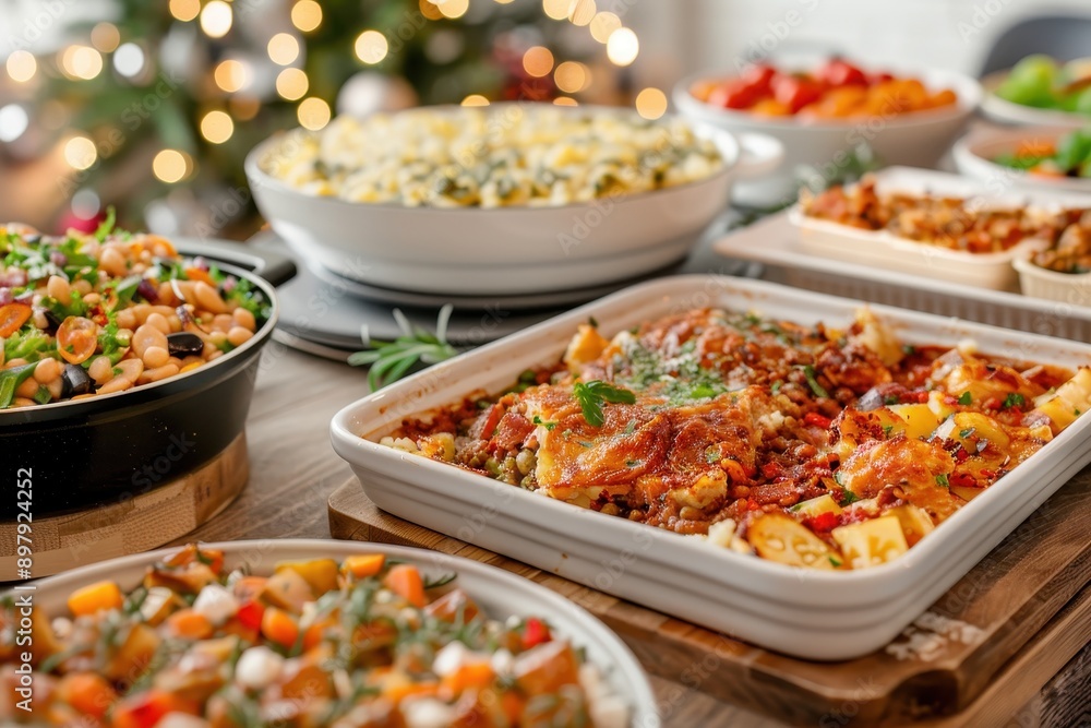 A beautifully arranged table with delicious dishes perfect for a festive celebration, showcasing vibrant colors and appetizing decor. A beautifully arranged table with delicious dishes perfect for a festive celebration, showcasing vibrant colors and appetizing decor.