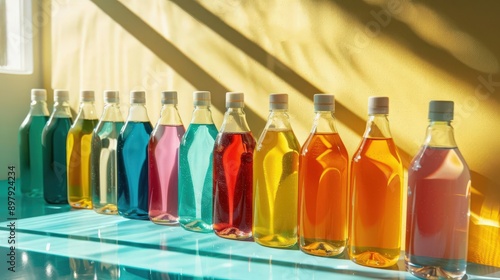 A colorful display of glass bottles filled with vibrant liquids, creating an eye-catching arrangement with striking shadows.