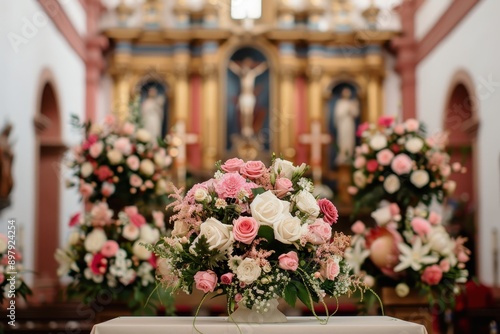 A beautiful floral arrangement featuring pink and white roses, set against an elegant church backdrop, perfect for wedding themes.