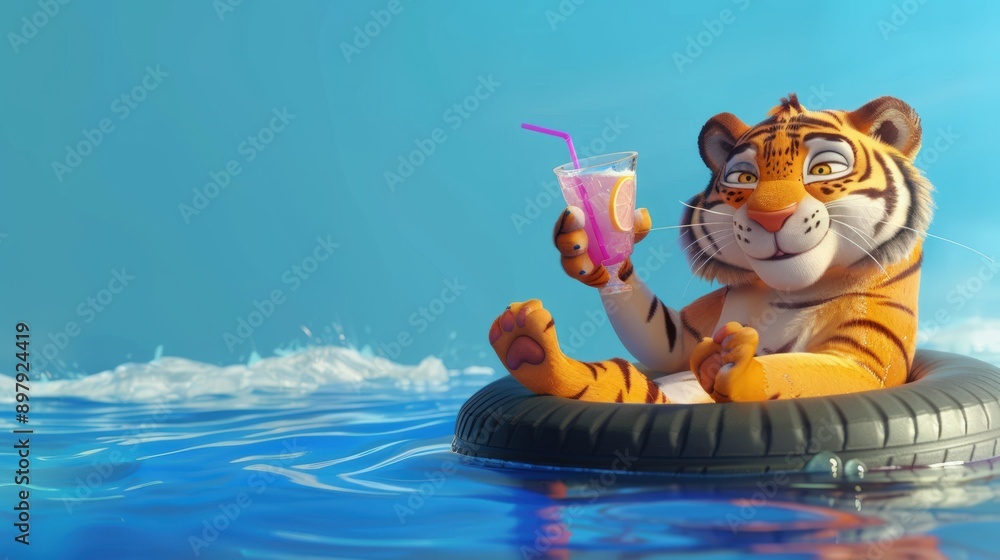 Obraz premium Happy tiger relaxing on inflatable ring and drinking cocktail in the sea