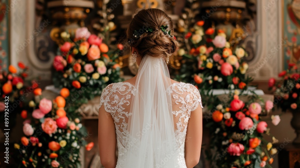 Elegant bride in lace gown stands before a vibrant floral backdrop, showcasing love and beauty on her special day. Elegant bride in lace gown stands before a vibrant floral backdrop, showcasing love and beauty on her special day.