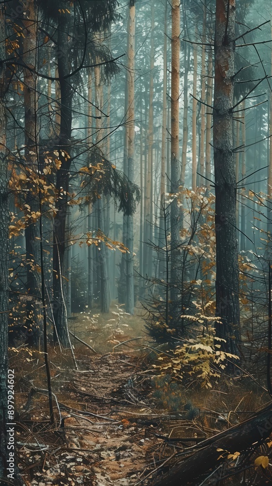 Fototapeta premium Forest trees with damaged leaves and bark from acid rain