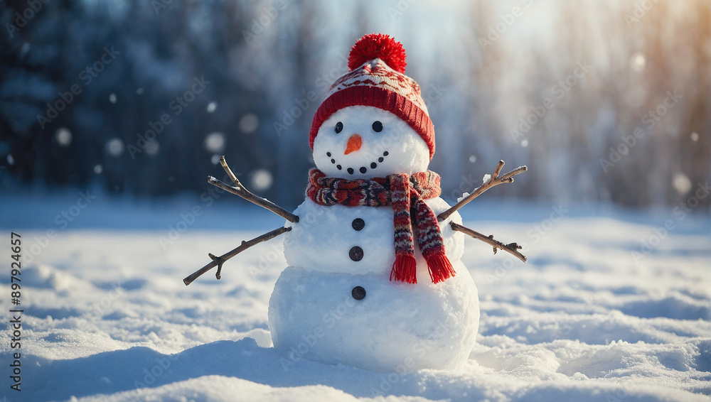 A cute snowman with a red hat and scarf smiles in a snowy field, embodying the joy of winter. A cute snowman with a red hat and scarf smiles in a snowy field, embodying the joy of winter.