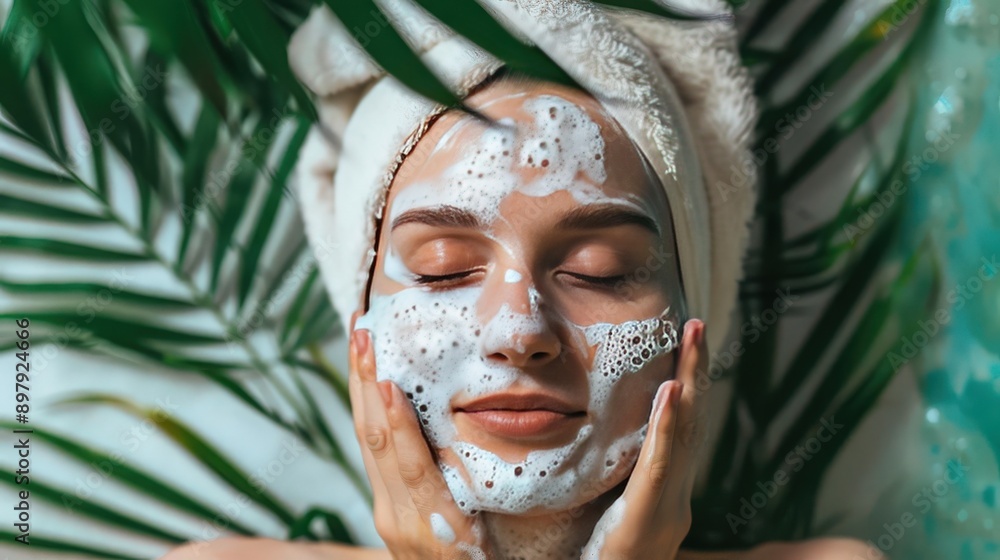 A serene woman enjoys a facial treatment with a soothing mask, surrounded by lush greenery, promoting relaxation and skincare. A serene woman enjoys a facial treatment with a soothing mask, surrounded by lush greenery, promoting relaxation and skincare.