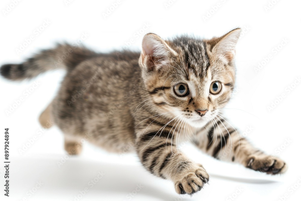 A playful American Shorthair cat mid-leap against a pure white background, with fur details and muscular form captured in sharp focus, showcasing its agility and grace.
A playful American Shorthair cat mid-leap against a pure white background, with fur details and muscular form captured in sharp focus, showcasing its agility and grace.