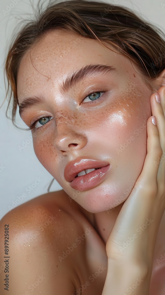 Naklejka premium Close-up of a beautiful woman showcasing natural beauty and radiant skin with soft makeup under natural light.
