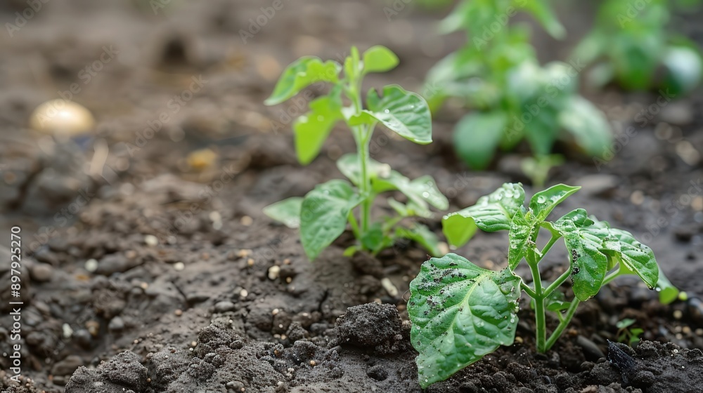 Close-up of young tomato plant sprouting from dark soil, symbolizing growth and renewal in gardening or agriculture. Close-up of young tomato plant sprouting from dark soil, symbolizing growth and renewal in gardening or agriculture.