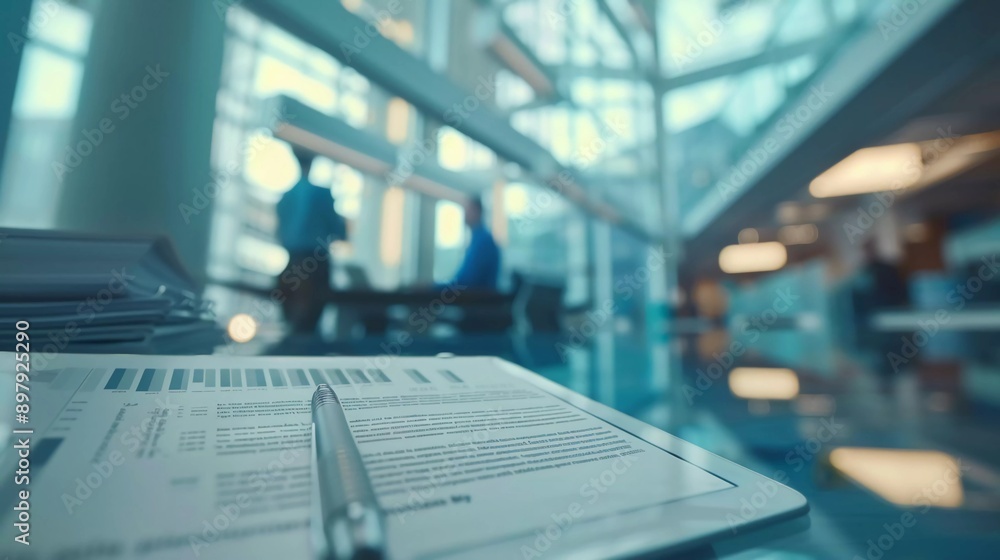 Close-up of business document in touchpad lying on the desk, office workers interacting in the background Close-up of business document in touchpad lying on the desk, office workers interacting in the background