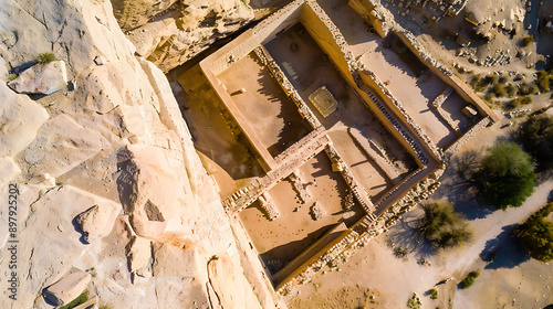 Aerial photo of an ancient ruins site, archaeological dig visible, desert landscape. Generative AI illustration 
 photo