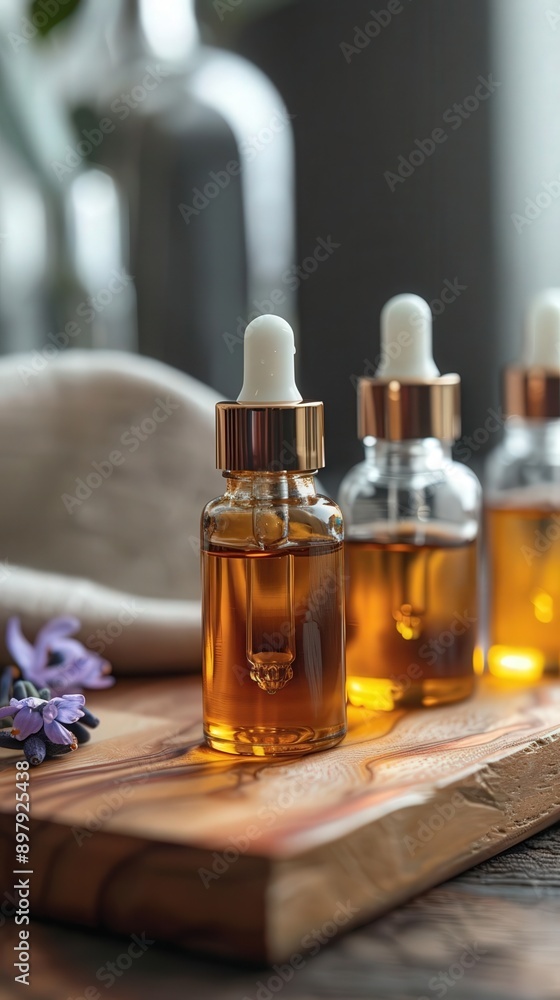 Elegant display of cosmetic oils in glass dropper bottles on a wooden surface, perfect for beauty and wellness themes. Elegant display of cosmetic oils in glass dropper bottles on a wooden surface, perfect for beauty and wellness themes.