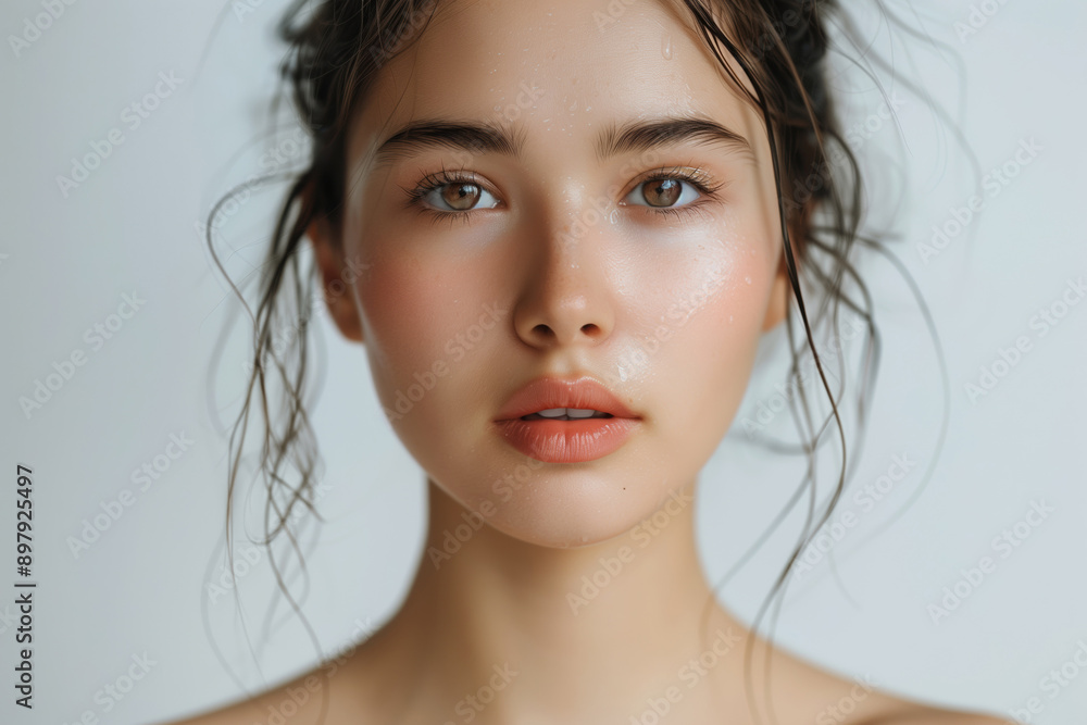 Close-up portrait of a woman with wet hair, bare shoulders, and a soft expression Close-up portrait of a woman with wet hair, bare shoulders, and a soft expression