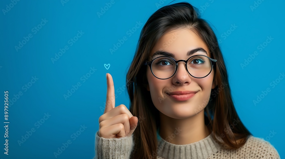 Portrait of a smiling woman wearing glasses and pointing up at a heart shape on a blue background. Portrait of a smiling woman wearing glasses and pointing up at a heart shape on a blue background.