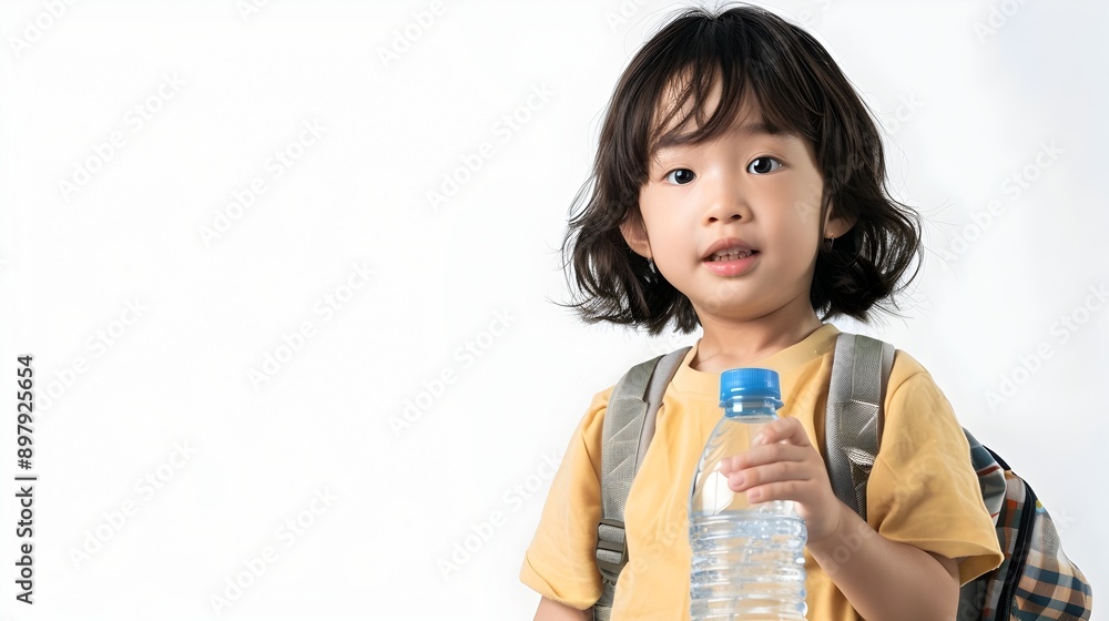 Happy Asian Child with Water Bottle Ready for School Day Happy Asian Child with Water Bottle Ready for School Day
