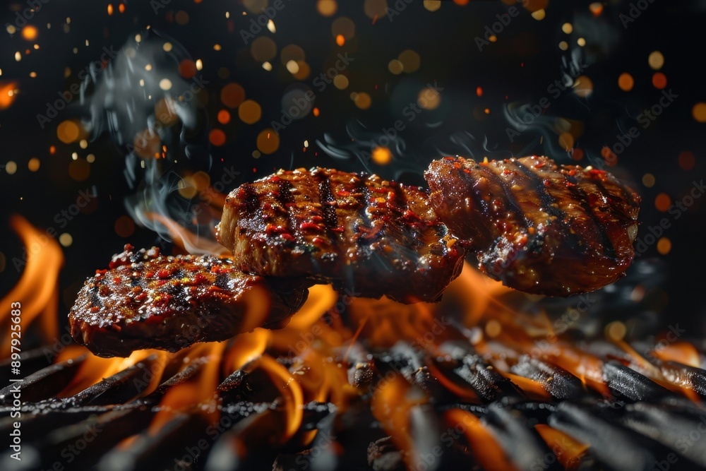 Sizzling pork chops are shown midair above a flame-licked grill, with hyperrealistic textures, grill marks, and wisps of savory smoke, creating a mouthwatering culinary composition.
Sizzling pork chops are shown midair above a flame-licked grill, with hyperrealistic textures, grill marks, and wisps of savory smoke, creating a mouthwatering culinary composition.