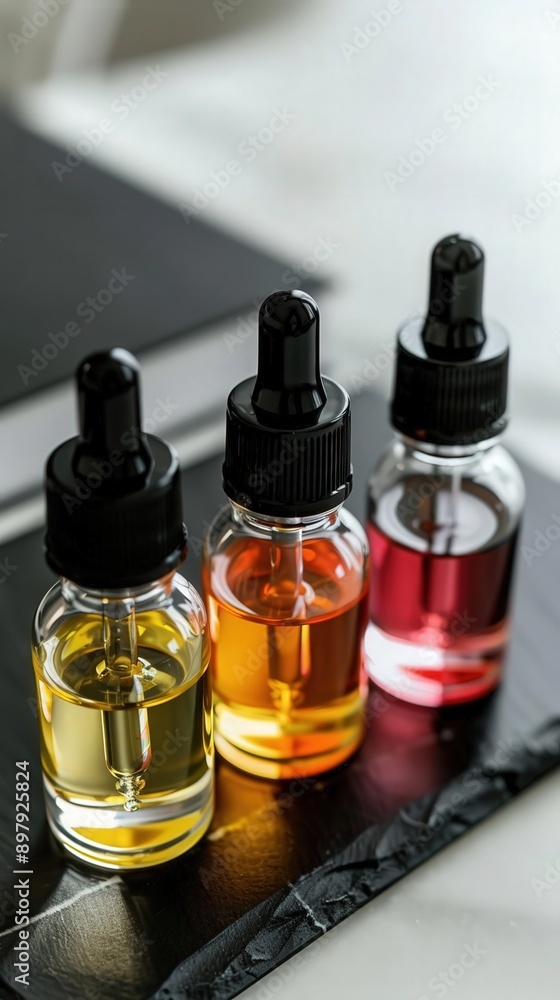 Three colorful glass dropper bottles filled with various oils, elegantly arranged on a sleek, dark surface. Three colorful glass dropper bottles filled with various oils, elegantly arranged on a sleek, dark surface.