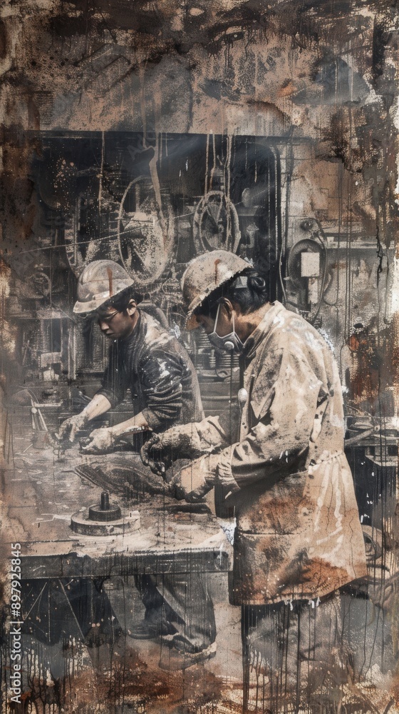 Fototapeta premium Two industrial workers engaged in hands-on tasks, showcasing teamwork and craftsmanship in a gritty workshop environment.