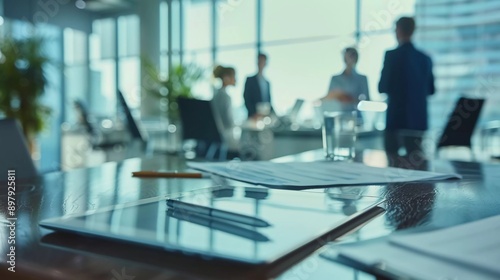 Close-up of business document in touchpad lying on the desk, office workers interacting in the background © Harjo