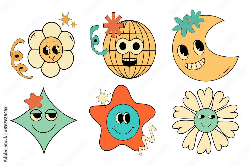 hand painted set of retro face expression elements hand painted set of retro face expression elements