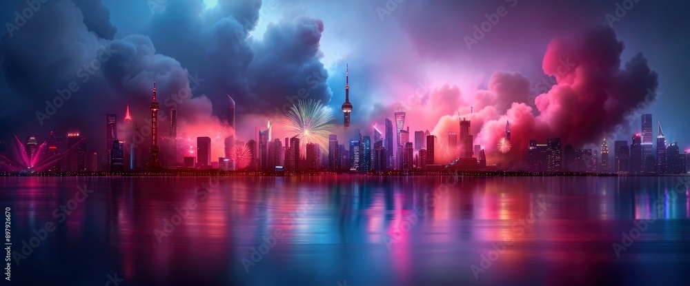 Naklejka premium A Modern City Enthusiastically Celebrates Festivals With Breathtaking Fireworks Performances, Painting The Sky With Vibrant Hues And Festive Emotions