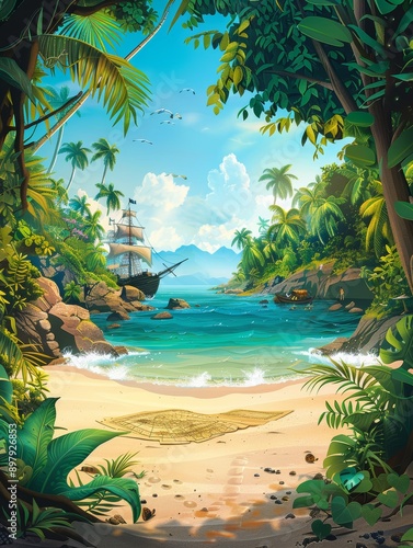 Enchanting Adventure Children's Book Cover with Tropical Island, Pirate Ship, and Hidden Treasure Map