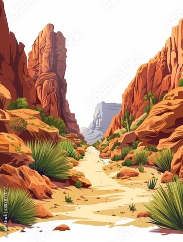 Vibrant Desert Canyon Adventure - Children's Book Illustration with Lush Vegetation and Majestic Rock Formations photo