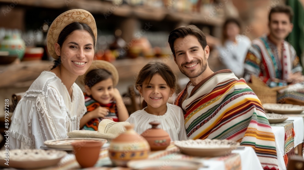 Obraz premium Vibrant Mexican Restaurant with Festive Family Gathering and Colorful Cultural Decor