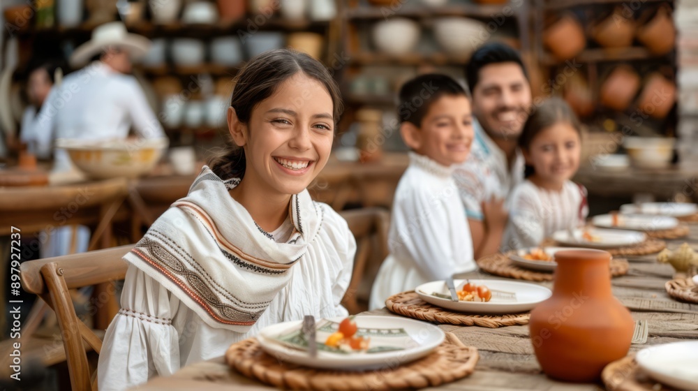 Vibrant Mexican Restaurant Setting with Indigenous Family Enjoying Traditional Meal Vibrant Mexican Restaurant Setting with Indigenous Family Enjoying Traditional Meal