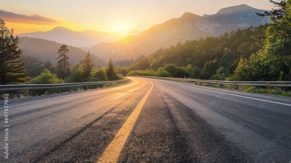 Asphalt highway road and mountain with trees natural scenery at sunrise. car sale, automobile, automotive empty space. Background design with blue sky and mountain for product display Asphalt highway road and mountain with trees natural scenery at sunrise. car sale, automobile, automotive empty space. Background design with blue sky and mountain for product display