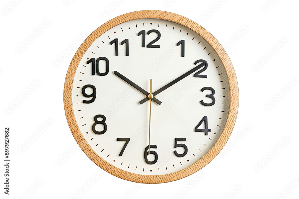 Wooden framed wall clock with white face and black numerals, isolated on white background, showing time at 10:10. Wooden framed wall clock with white face and black numerals, isolated on white background, showing time at 10:10.