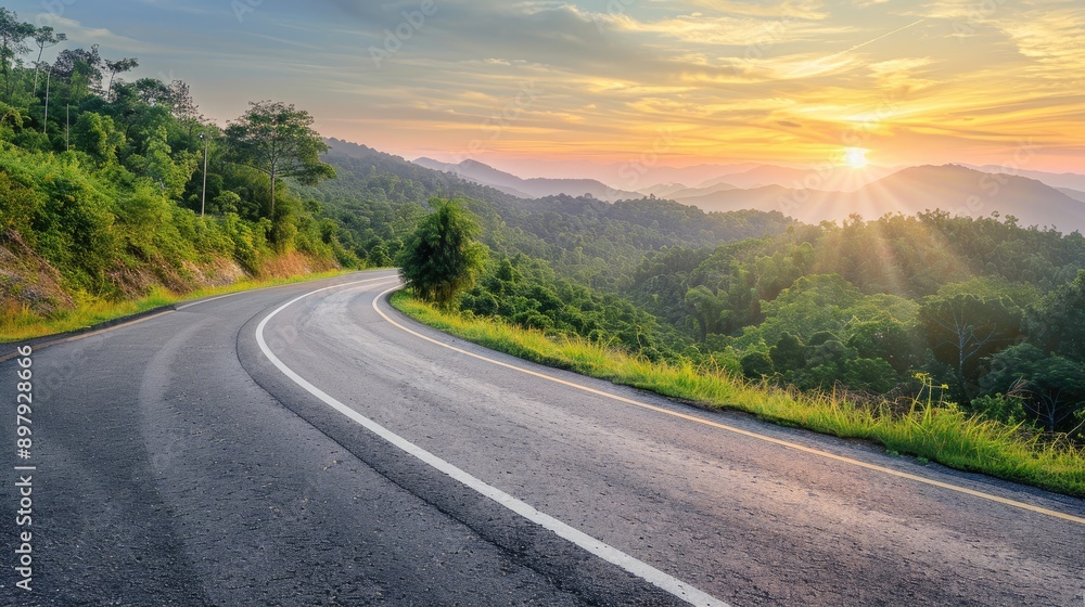 Asphalt highway road and mountain with trees natural scenery at sunrise. car sale, automobile, automotive empty space. Background design with blue sky and mountain for product display Asphalt highway road and mountain with trees natural scenery at sunrise. car sale, automobile, automotive empty space. Background design with blue sky and mountain for product display