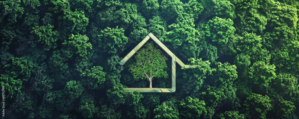 Naklejka premium House shape amidst lush green forest, eco-friendly living concept