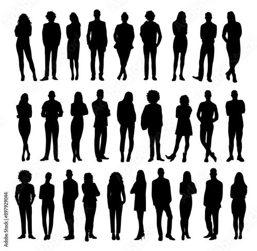 Silhouettes of diverse business people standing, men and women full length. Business concept. Vector black monochrome outline illustrations isolated on transparent background.