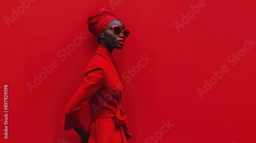 A stylish woman in red attire poses confidently against a vivid red backdrop, exuding bold elegance and modern fashion.