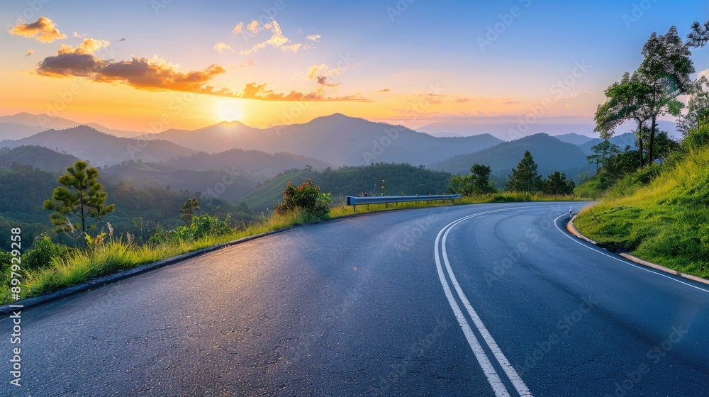 Asphalt highway road and mountain with trees natural scenery at sunrise. car sale, automobile, automotive empty space. Background design with blue sky and mountain for product display Asphalt highway road and mountain with trees natural scenery at sunrise. car sale, automobile, automotive empty space. Background design with blue sky and mountain for product display