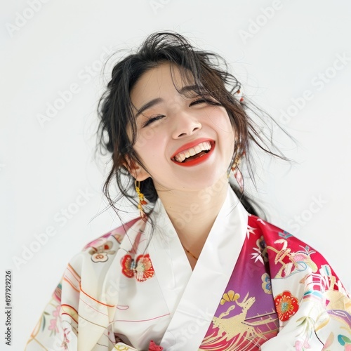 Portrait of Joyful Korean Woman. Embracing Heritage and Culture through Colorful Traditional Attire, Showcasing the Richness and Vibrancy of Korea National Costume photo