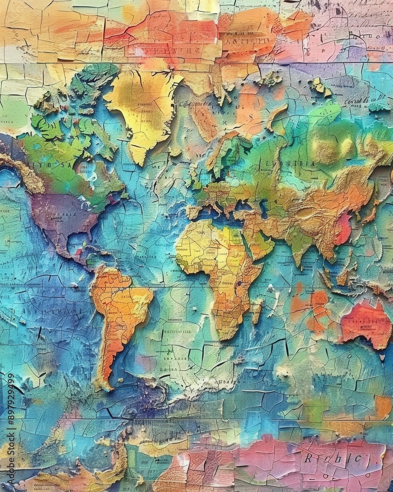 Naklejka premium A vibrant, textured world map showcasing rich colors and details, perfect for travel or educational themes.