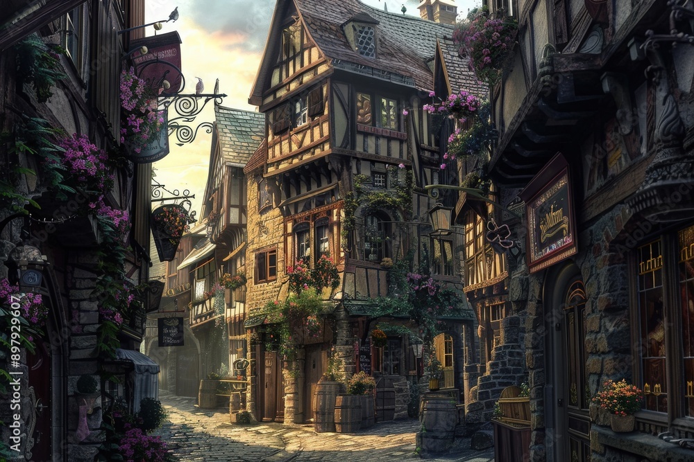 Fototapeta premium Charming medieval street lined with historic buildings adorned with flowers and a warm, inviting atmosphere.