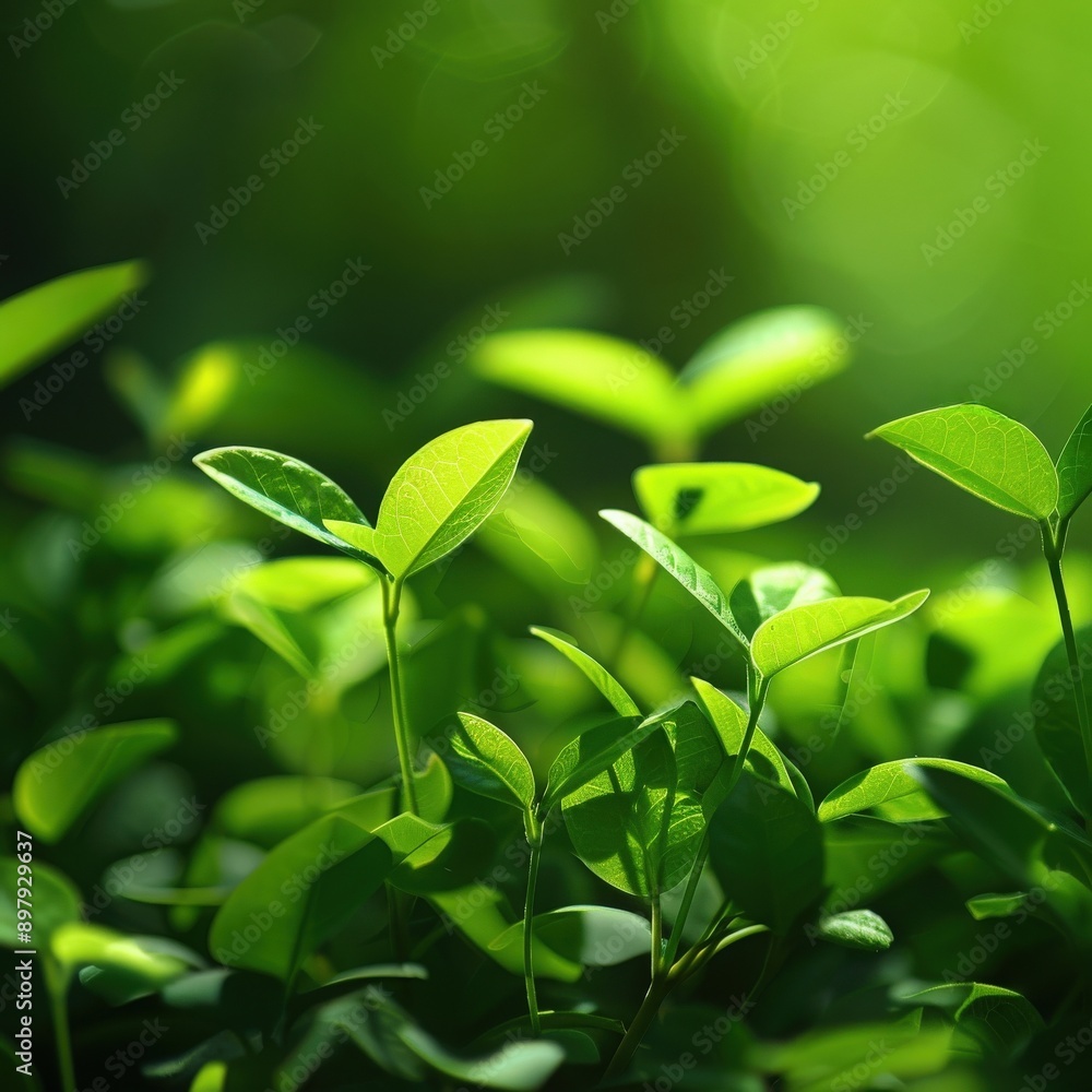 Close-up of vibrant green leaves basking in soft sunlight, creating a serene and refreshing natural ambiance. Close-up of vibrant green leaves basking in soft sunlight, creating a serene and refreshing natural ambiance.