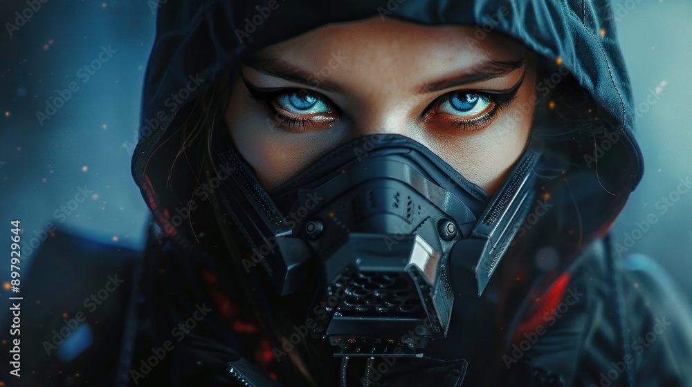 Cyberpunk ninja mysterious woman mask and hood looking assassin character background wallpaper AI generated image Cyberpunk ninja mysterious woman mask and hood looking assassin character background wallpaper AI generated image