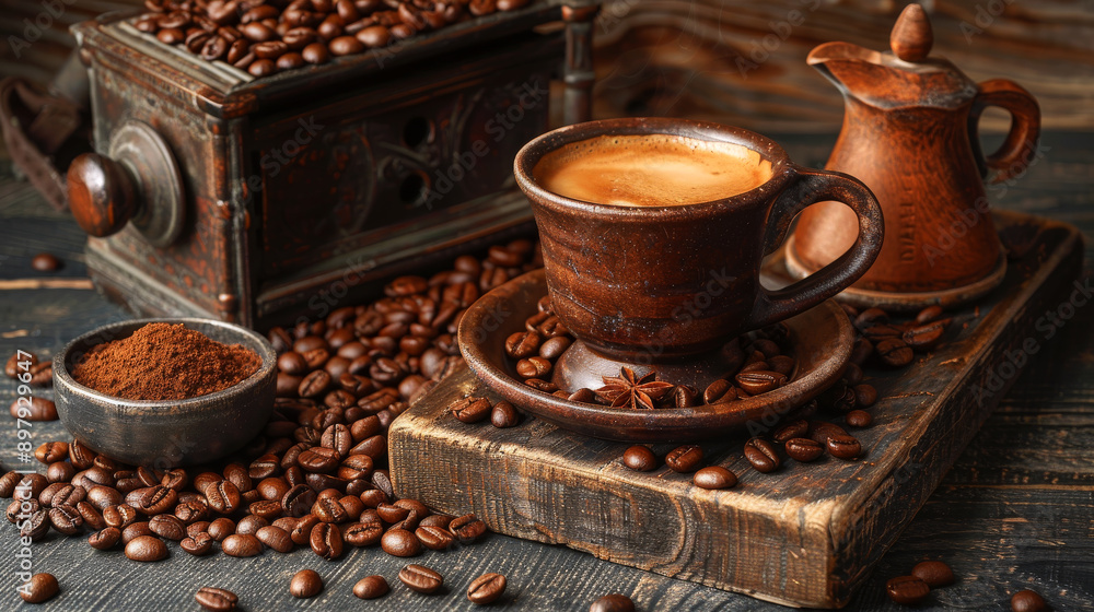 Aromatic coffee served in a rustic cup with coffee beans, ground coffee and an antique coffee grinder on a dark wooden table Aromatic coffee served in a rustic cup with coffee beans, ground coffee and an antique coffee grinder on a dark wooden table