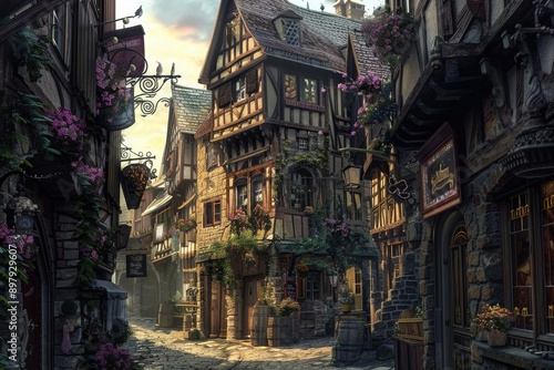 Charming medieval street lined with historic buildings adorned with flowers and a warm, inviting atmosphere. © Jeannaa
