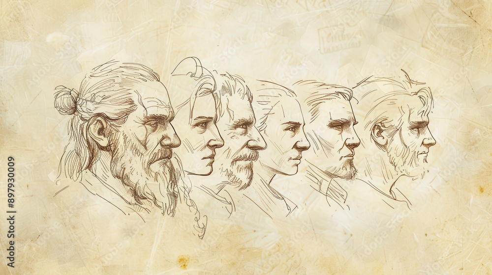 Obraz premium Genesis,The Descendants:Minimalist sketch of the generations of Cain, bold pencil lines on soft beige background biblical illustration, perfect for inspirational wall art.