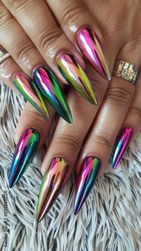Obraz premium Vibrant and glossy pointed nails showcasing a stunning rainbow chrome finish, perfect for fashion and beauty inspiration.