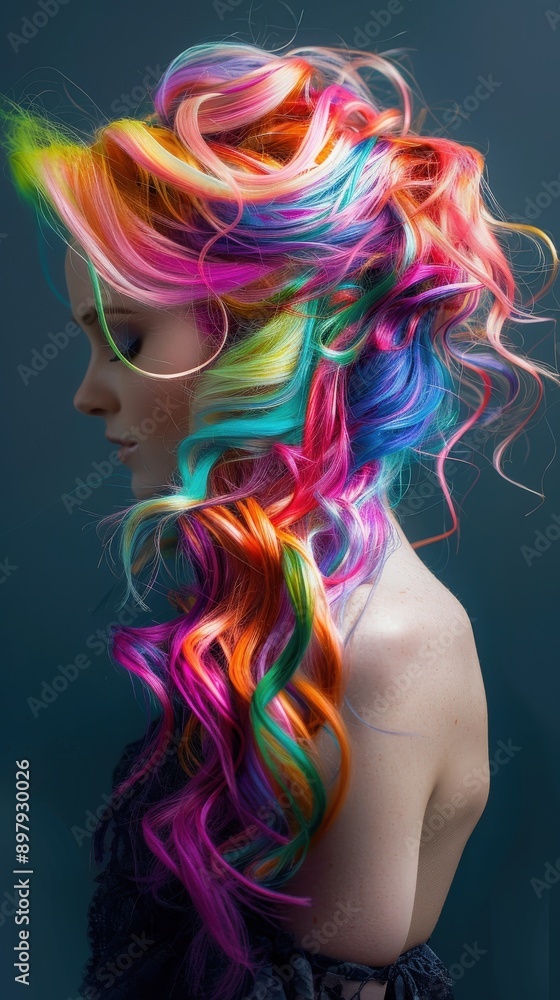 Vibrant and colorful hairstyle featuring rainbow hues in elegant curls, perfect for fashion or beauty themes. Vibrant and colorful hairstyle featuring rainbow hues in elegant curls, perfect for fashion or beauty themes.