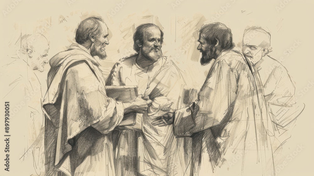 Fototapeta premium Genesis,The Second Journey to Egypt:Modern Bible Wall Art of Brothers Presenting Gifts to Joseph, Bold Pencil Sketch, Minimalist Design, Soft Beige Background Biblical Illustration