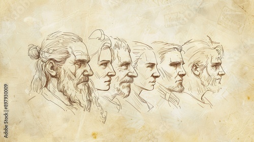 Wallpaper Mural Genesis,The Descendants:Minimalist sketch of the generations of Cain, bold pencil lines on soft beige background biblical illustration, perfect for inspirational wall art. Torontodigital.ca