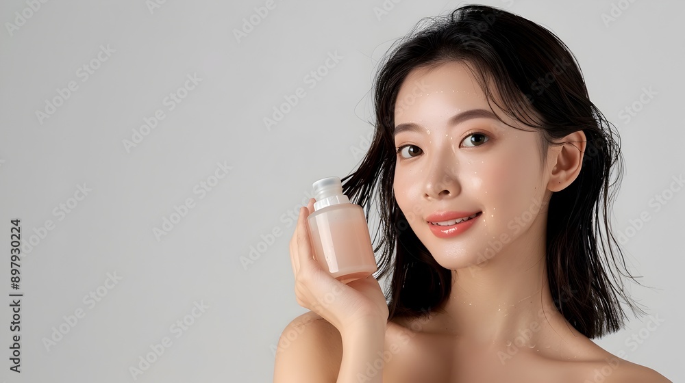 Serene Asian Model Showcasing Hair Care Product in Clean Modern Setting