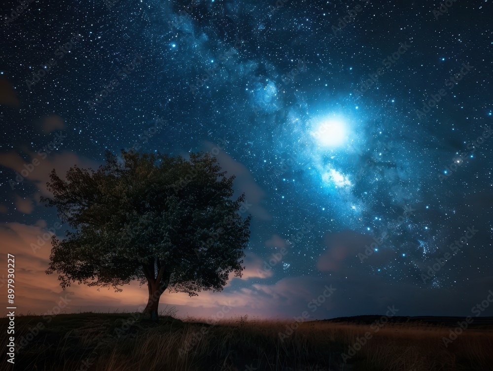 Fototapeta premium Stunning Night Sky with Milky Way and Lone Tree in a Tranquil Field Under a Starry Sky