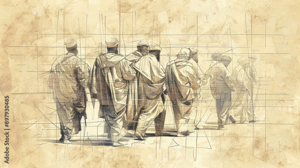 Fototapeta premium Genesis,Joseph Reveals Himself:Modern Bible Wall Art of Joseph Providing Brothers with Provisions and Transportation, Bold Pencil Sketch, Minimalist Design Biblical Illustration